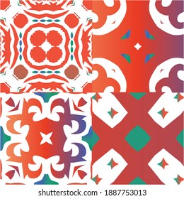 Ethnic ceramic tiles in mexican talavera. Set of vector seamless patterns. Creative design. Red vintage ornaments for surface texture, towels, pillows, wallpaper, print, web background.