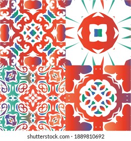 Ethnic ceramic tiles in mexican talavera. Set of vector seamless patterns. Colored design. Red vintage ornaments for surface texture, towels, pillows, wallpaper, print, web background.