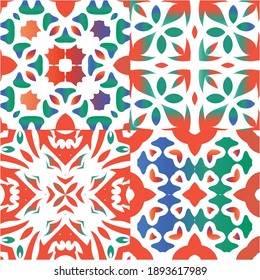 Ethnic ceramic tiles in mexican talavera. Hand drawn design. Collection of vector seamless patterns. Red vintage ornaments for surface texture, towels, pillows, wallpaper, print, web background.