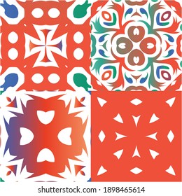 Ethnic ceramic tiles in mexican talavera. Stylish design. Set of vector seamless patterns. Red vintage ornaments for surface texture, towels, pillows, wallpaper, print, web background.