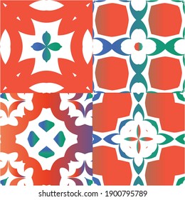 Ethnic ceramic tiles in mexican talavera. Hand drawn design. Kit of vector seamless patterns. Red vintage ornaments for surface texture, towels, pillows, wallpaper, print, web background.
