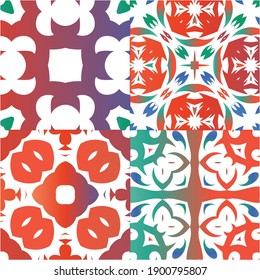 Ethnic ceramic tiles in mexican talavera. Hand drawn design. Collection of vector seamless patterns. Red vintage ornaments for surface texture, towels, pillows, wallpaper, print, web background.