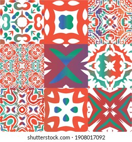 Baldosas de cerámica étnica en talavera mexicana. Diseño de moda. Colección de patrones sin fisuras vectoriales. Ornamentos rojos vintage para textura superficial, toallas, almohadas, papel pintado, impresión, fondo web.