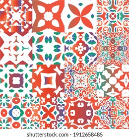 Ethnic ceramic tiles in mexican talavera. Bathroom design. Set of vector seamless patterns. Red vintage ornaments for surface texture, towels, pillows, wallpaper, print, web background.