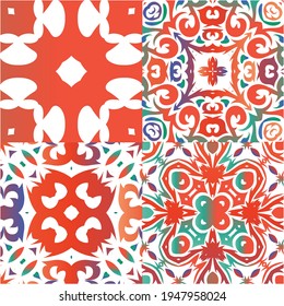 Ethnic ceramic tiles in mexican talavera. Set of vector seamless patterns. Modern design. Red vintage ornaments for surface texture, towels, pillows, wallpaper, print, web background.