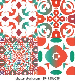 Ethnic ceramic tiles in mexican talavera. Minimal design. Set of vector seamless patterns. Red vintage ornaments for surface texture, towels, pillows, wallpaper, print, web background.