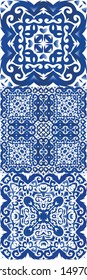 Ethnic ceramic tiles in portuguese azulejo. Graphic design. Set of vector seamless patterns. Blue vintage ornaments for surface texture, towels, pillows, wallpaper, print, web background.