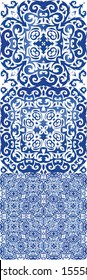 Ethnic ceramic tiles in portuguese azulejo. Set of vector seamless patterns. Original design. Blue vintage ornaments for surface texture, towels, pillows, wallpaper, print, web background.