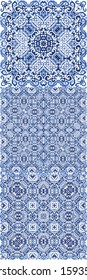 Ethnic ceramic tiles in portuguese azulejo. Kit of vector seamless patterns. Kitchen design. Blue vintage ornaments for surface texture, towels, pillows, wallpaper, print, web background.