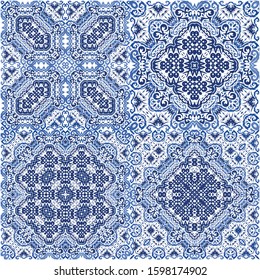 Ethnic ceramic tiles in portuguese azulejo. Kitchen design. Kit of vector seamless patterns. Blue vintage ornaments for surface texture, towels, pillows, wallpaper, print, web background.