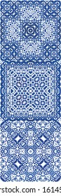 Ethnic ceramic tiles in portuguese azulejo. Geometric design. Set of vector seamless patterns. Blue vintage ornaments for surface texture, towels, pillows, wallpaper, print, web background.