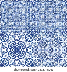 Ethnic ceramic tiles in portuguese azulejo. Kit of vector seamless patterns. Modern design. Blue vintage ornaments for surface texture, towels, pillows, wallpaper, print, web background.