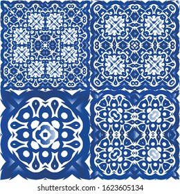 Ethnic ceramic tiles in portuguese azulejo. Original design. Set of vector seamless patterns. Blue vintage ornaments for surface texture, towels, pillows, wallpaper, print, web background.