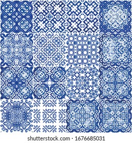 Ethnic ceramic tiles in portuguese azulejo. Bathroom design. Kit of vector seamless patterns. Blue vintage ornaments for surface texture, towels, pillows, wallpaper, print, web background.