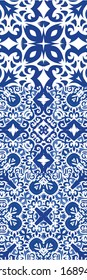 Ethnic ceramic tiles in portuguese azulejo. Collection of vector seamless patterns. Minimal design. Blue vintage ornaments for surface texture, towels, pillows, wallpaper, print, web background.