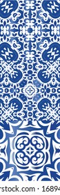 Ethnic ceramic tiles in portuguese azulejo. Collection of vector seamless patterns. Bathroom design. Blue vintage ornaments for surface texture, towels, pillows, wallpaper, print, web background.