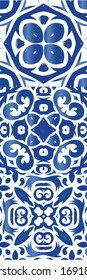 Ethnic ceramic tiles in portuguese azulejo. Geometric design. Kit of vector seamless patterns. Blue vintage ornaments for surface texture, towels, pillows, wallpaper, print, web background.