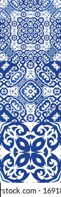 Ethnic ceramic tiles in portuguese azulejo. Creative design. Set of vector seamless patterns. Blue vintage ornaments for surface texture, towels, pillows, wallpaper, print, web background.