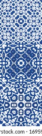 Ethnic ceramic tiles in portuguese azulejo. Kit of vector seamless patterns. Minimal design. Blue vintage ornaments for surface texture, towels, pillows, wallpaper, print, web background.