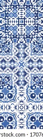 Ethnic ceramic tiles in portuguese azulejo. Collection of vector seamless patterns. Geometric design. Blue vintage ornaments for surface texture, towels, pillows, wallpaper, print, web background.