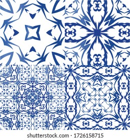 Ethnic ceramic tiles in portuguese azulejo. Stylish design. Kit of vector seamless patterns. Blue vintage ornaments for surface texture, towels, pillows, wallpaper, print, web background.