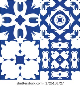 Ethnic ceramic tiles in portuguese azulejo. Kit of vector seamless patterns. Graphic design. Blue vintage ornaments for surface texture, towels, pillows, wallpaper, print, web background.