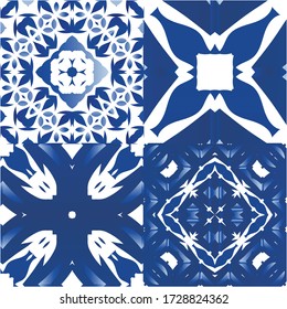 Ethnic ceramic tiles in portuguese azulejo. Geometric design. Kit of vector seamless patterns. Blue vintage ornaments for surface texture, towels, pillows, wallpaper, print, web background.