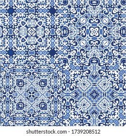 Ethnic ceramic tiles in portuguese azulejo. Kit of vector seamless patterns. Hand drawn design. Blue vintage ornaments for surface texture, towels, pillows, wallpaper, print, web background.