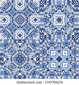 Ethnic ceramic tiles in portuguese azulejo. Modern design. Collection of vector seamless patterns. Blue vintage ornaments for surface texture, towels, pillows, wallpaper, print, web background.