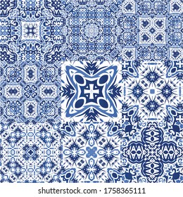 Ethnic ceramic tiles in portuguese azulejo. Graphic design. Kit of vector seamless patterns. Blue vintage ornaments for surface texture, towels, pillows, wallpaper, print, web background.