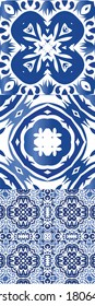 Ethnic ceramic tiles in portuguese azulejo. Hand drawn design. Collection of vector seamless patterns. Blue vintage ornaments for surface texture, towels, pillows, wallpaper, print, web background.
