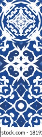 Ethnic ceramic tiles in portuguese azulejo. Geometric design. Kit of vector seamless patterns. Blue vintage ornaments for surface texture, towels, pillows, wallpaper, print, web background.