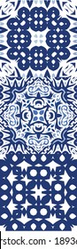 Ethnic ceramic tiles in portuguese azulejo. Modern design. Collection of vector seamless patterns. Blue vintage ornaments for surface texture, towels, pillows, wallpaper, print, web background.