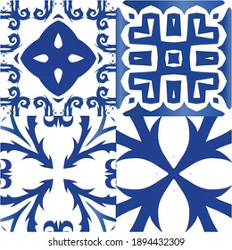 Ethnic ceramic tiles in portuguese azulejo. Kit of vector seamless patterns. Minimal design. Blue vintage ornaments for surface texture, towels, pillows, wallpaper, print, web background.