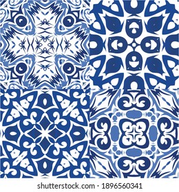 Ethnic ceramic tiles in portuguese azulejo. Hand drawn design. Collection of vector seamless patterns. Blue vintage ornaments for surface texture, towels, pillows, wallpaper, print, web background.