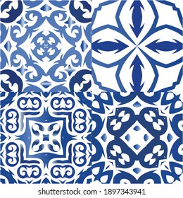 Ethnic ceramic tiles in portuguese azulejo. Set of vector seamless patterns. Colored design. Blue vintage ornaments for surface texture, towels, pillows, wallpaper, print, web background.