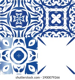 Ethnic ceramic tiles in portuguese azulejo. Bathroom design. Set of vector seamless patterns. Blue vintage ornaments for surface texture, towels, pillows, wallpaper, print, web background.