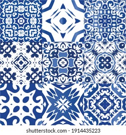 Ethnic ceramic tiles in portuguese azulejo. Bathroom design. Kit of vector seamless patterns. Blue vintage ornaments for surface texture, towels, pillows, wallpaper, print, web background.