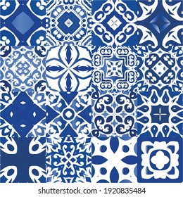 Ethnic ceramic tiles in portuguese azulejo. Original design. Set of vector seamless patterns. Blue vintage ornaments for surface texture, towels, pillows, wallpaper, print, web background.