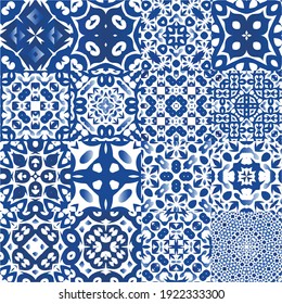 Ethnic ceramic tiles in portuguese azulejo. Kit of vector seamless patterns. Hand drawn design. Blue vintage ornaments for surface texture, towels, pillows, wallpaper, print, web background.