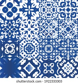 Ethnic ceramic tiles in portuguese azulejo. Graphic design. Kit of vector seamless patterns. Blue vintage ornaments for surface texture, towels, pillows, wallpaper, print, web background.