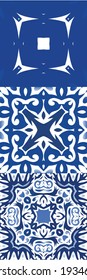 Ethnic ceramic tiles in portuguese azulejo. Kit of vector seamless patterns. Minimal design. Blue vintage ornaments for surface texture, towels, pillows, wallpaper, print, web background.