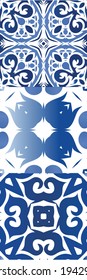 Ethnic ceramic tiles in portuguese azulejo. Bathroom design. Collection of vector seamless patterns. Blue vintage ornaments for surface texture, towels, pillows, wallpaper, print, web background.