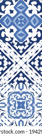 Ethnic ceramic tiles in portuguese azulejo. Collection of vector seamless patterns. Geometric design. Blue vintage ornaments for surface texture, towels, pillows, wallpaper, print, web background.