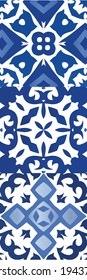 Ethnic ceramic tiles in portuguese azulejo. Set of vector seamless patterns. Original design. Blue vintage ornaments for surface texture, towels, pillows, wallpaper, print, web background.