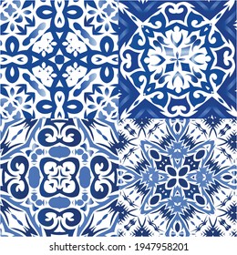 Ethnic ceramic tiles in portuguese azulejo. Set of vector seamless patterns. Creative design. Blue vintage ornaments for surface texture, towels, pillows, wallpaper, print, web background.