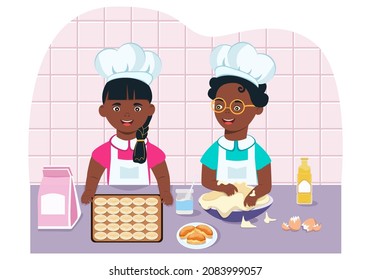 Ethnic children cook cookies together in the kitchen. The concept of learning, communication, hobbies, cooking at home or at school. Vector. Cartoon drawing. Characters in a flat style.