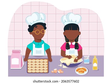 Niños de etnia haciendo galletas juntas en la cocina. Concepto de aprendizaje, comunicación, aficiones, cocina en casa o en la escuela.  Vector. Dibujo de caricaturas.  Caracteres de estilo plano.