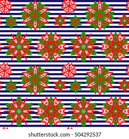 Ethnic Christmas seamless pattern on striped background. Boho textile print. New Year wallpaper. Winter red wrapping with snowflakes.