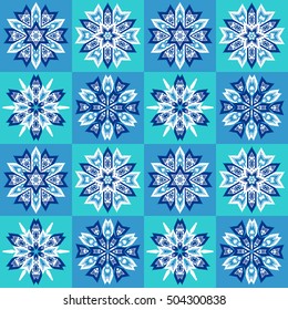 Ethnic Christmas seamless pattern on chessboard background. Boho textile print. New Year wallpaper. Winter red wrapping with snowflakes.